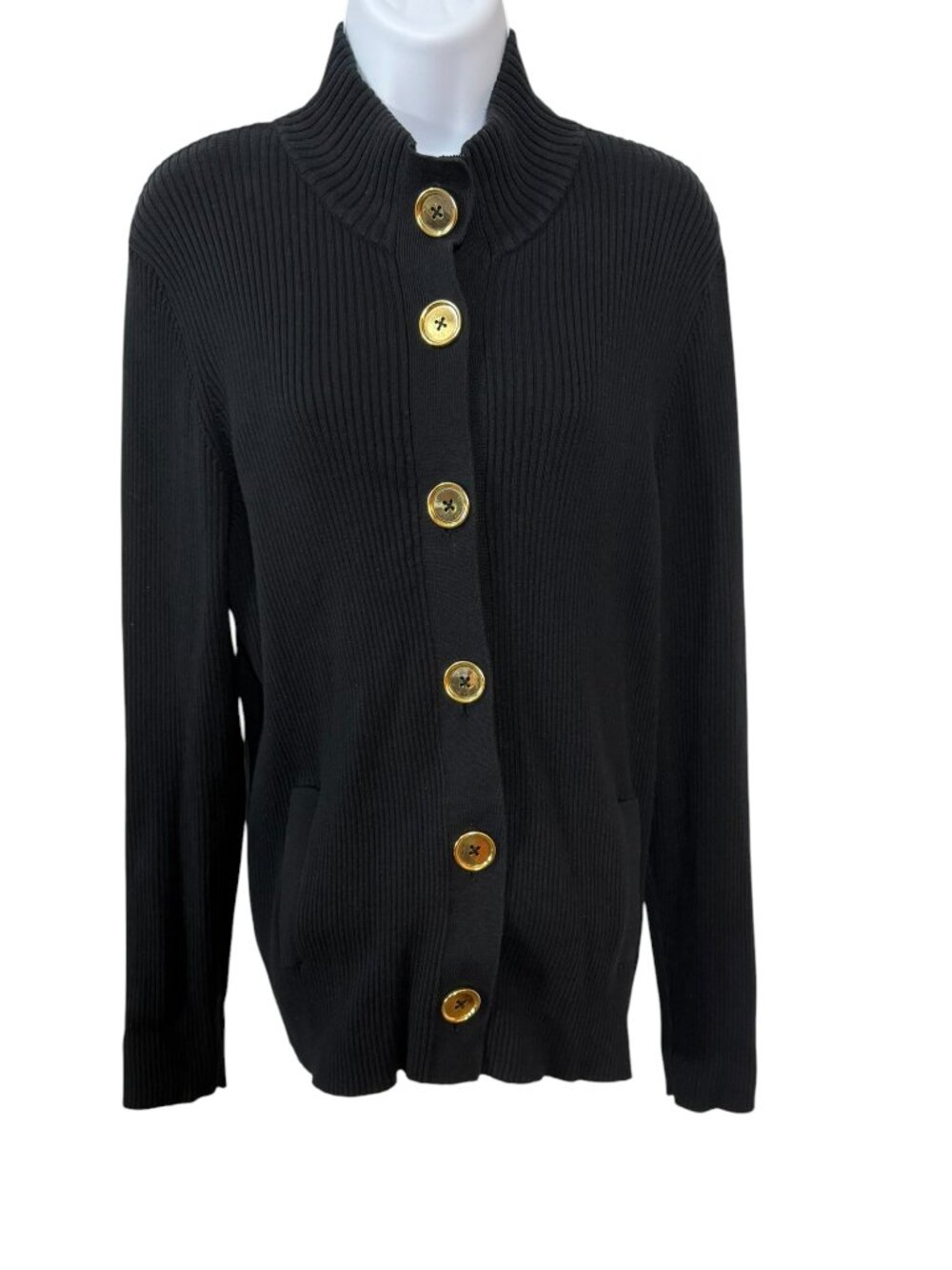 Character Club Black Ribbed Cardigan Sweater XL Gold Buttons